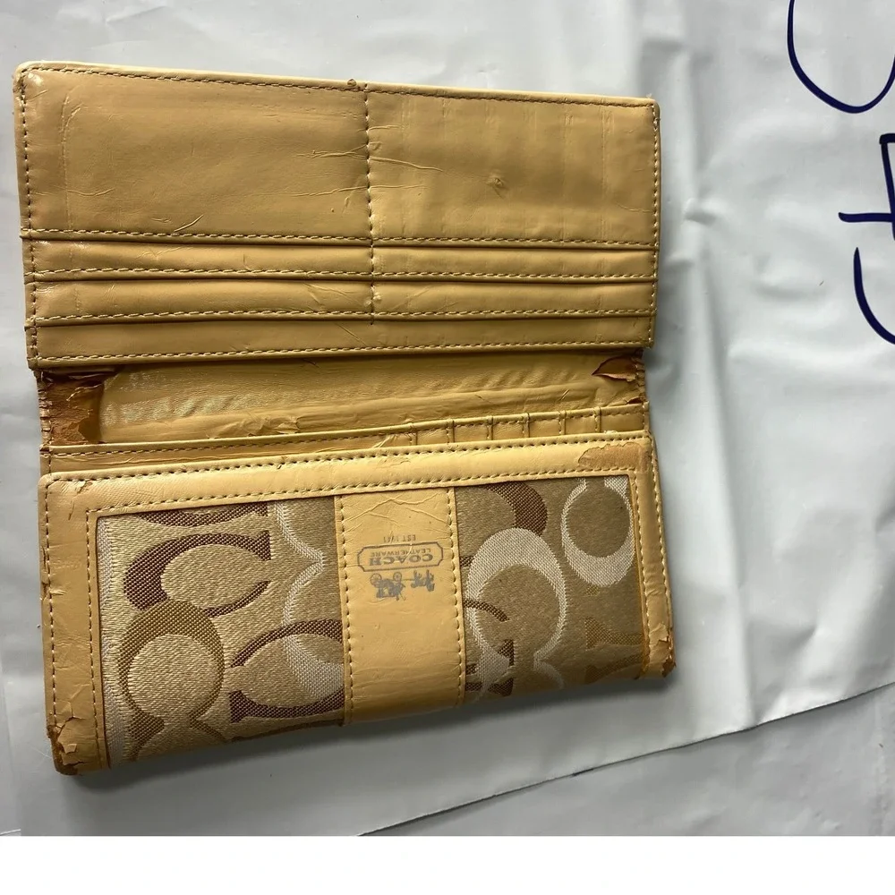 Coach Signature‎ C Canvas Leather Trifold Wallet Tan Brown